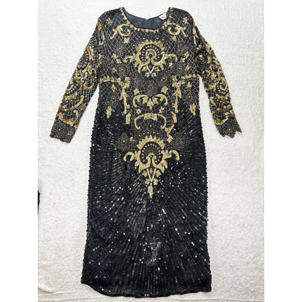 Vintage 80s Swee Lo Black And Gold Beaded Silk Cocktail Dress Embellished L/XL